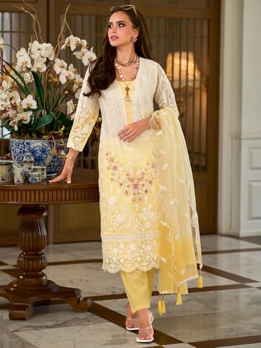 Image of INDO ERA Womens Organza Embroidered Straight Kurta Pant Dupatta Set (IEOUT10602)