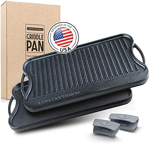 Casencontros - Cast Iron Griddle Pan for Stove Top [2 in 1 Reversible] - Pre-Seasoned Stove Top Griddle with Handles [17 x 9.8in] - Multi Use Grill Pan with Silicone Handles - Stove Top Griddle
