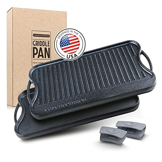 Casencontros - Cast Iron Griddle Pan for Stove Top [2 in 1 Reversible] - Pre-Seasoned Stove Top Griddle with Handles [17 x 9.8in] - Multi Use Grill Pan with Silicone Handles - Stove Top Griddle