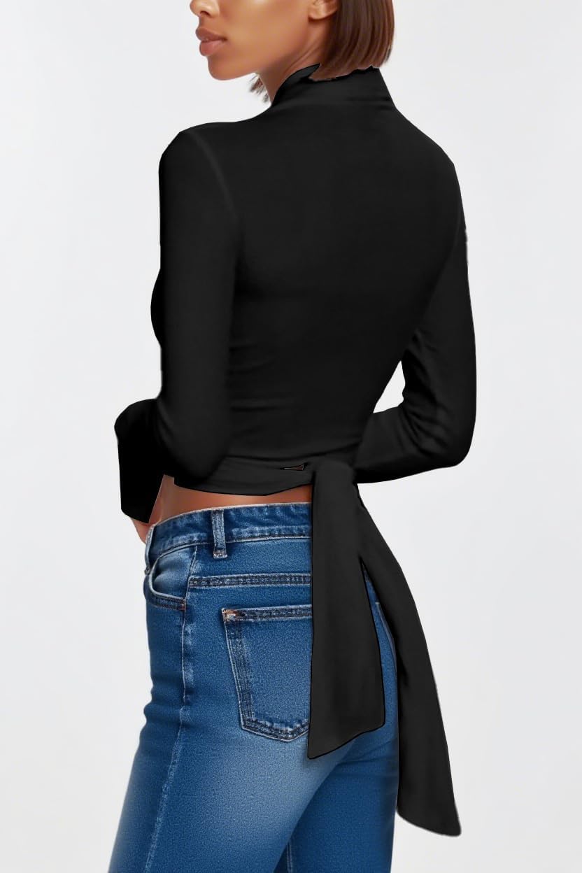 Lacozy Womens Sexy Going Out Crop Top Front Tie Bell Sleeve Wrap Shirt Cute Shawl V Neck Blouse Cardigan - Image 3