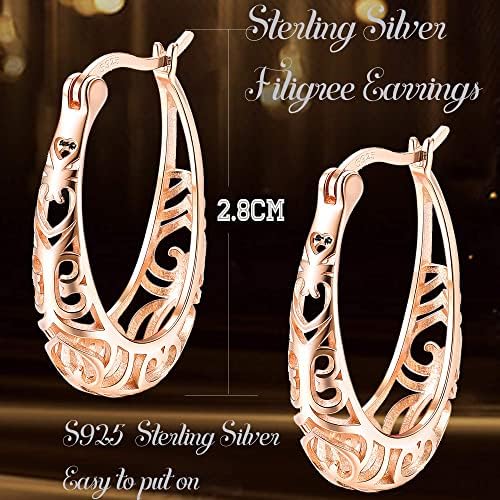 KRFY Hoop Earrings for Women Sterling Silver Textured Filigree Round Earrings,Hinged Hoop Earring for Women Silver/Gold/Rose gold