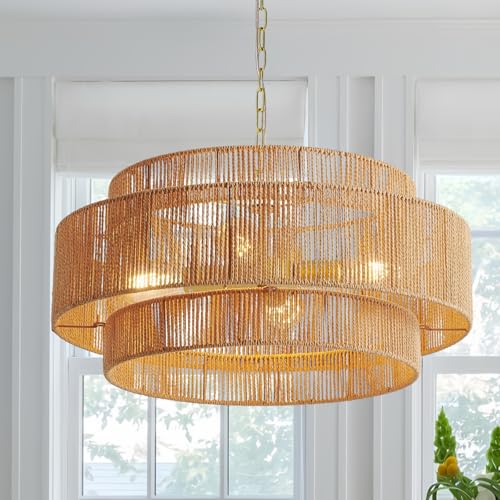 QTLILMNT 3-Tier Large Farmhouse Rattan Chandeliers, 22.8in Wicker Hanging Pendant
