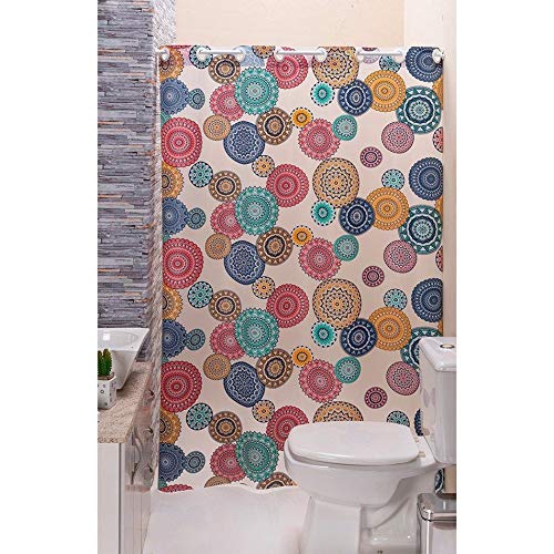 Cortina Box para Banheiro PVC Antimofo Estampada Mandala 1,40 x 1,98 cm com Ilhós para Varão 1,20 Me