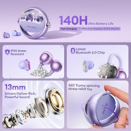 Image of PAXA 3 in 1 Ctbuds Stylish Jewelry-Style Clip on Open Ear Headphones Wireless Earbuds, Instant Earring Mode, Ultra-Long 140H Play, Bluetooth 6.0, All-Day Wear for Work Fitness Daily Use, Purple