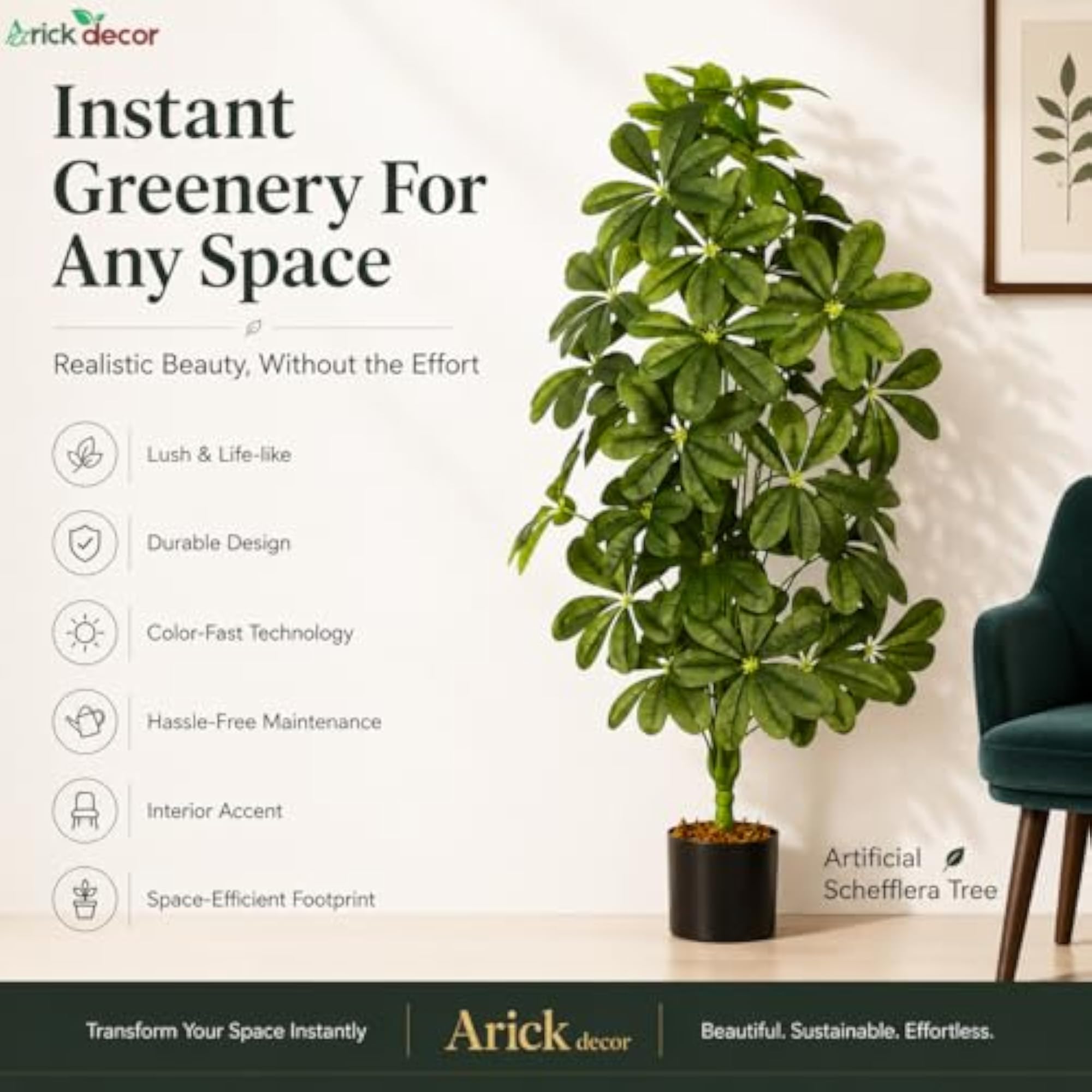 4Ft Artificial Schefflera Plant with Pot, Faux Green