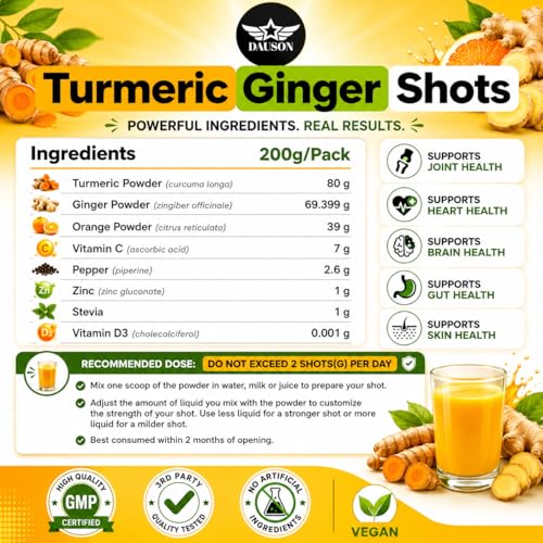 Image of Turmeric Shots for Joint Pain, Immune Boost, Gut Health - Boosted with Ginger, Piperine, Zinc, Vitamin D3, Vitamin C - Powder - 200 Servings - Made in USA