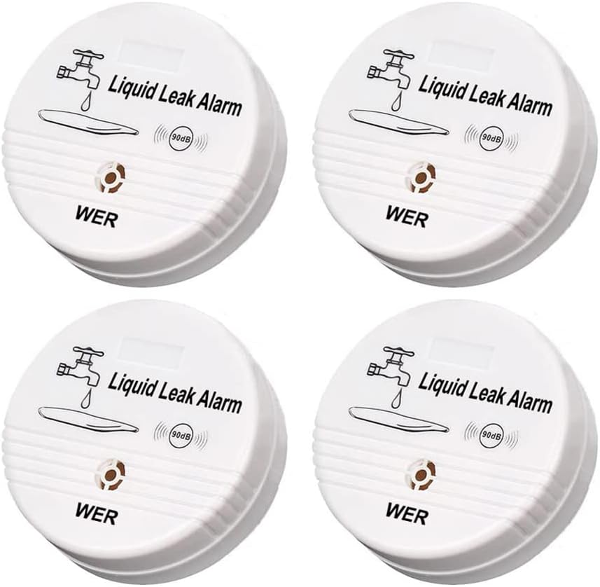 WER Water Leak Alarm Sensor, Battery Operated Leak Alert, 90dB Water Detector for Basements, Bathrooms, Laundry Rooms, Kitchens, Garages and All Office Areas (Shipped Without Battery, 4 Pack)