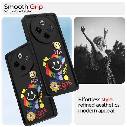 Image of Pikkme Back Cover for Vivo T4 5G / iQOO Z10 5G | Soft Silicone| Cute Rainbow Smile & 3D Cartoon Flower Design | Shockproof Raised Camera Protection Bumper Case (Black)