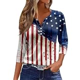 Generic Independence Day 3/4 Length Sleeve Cute Tops for Women Buttons Summer Henley Neck Women Shirts 3/4 Sleeve Oversized Fit Blouses for Women 2024 American Flag Print Tee Shirts Dark Blue XL