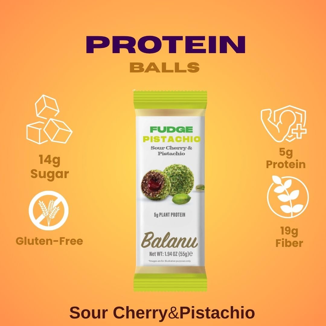 Balanu® Vegane Süßigkeiten | Pistazie & Sauerkirsche | 12 Pack | Perfekt vor oder nach dem Sport - Glutenfreie Süßigkeiten | Protein Balls | Laktosefreie Süßigkeiten – Protein Snack