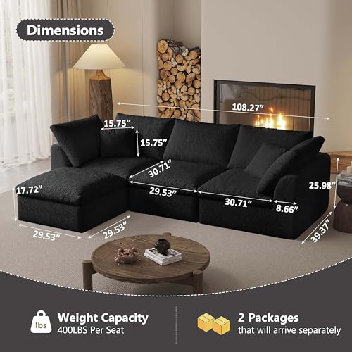 Image of Modular Sectional Sofa Couches L-Shape Couch 3 Seat Modular Sofa Memory Foam Sectional Couches for Living Room (Black, 108 inch+3 Seater+1 Ottoman)