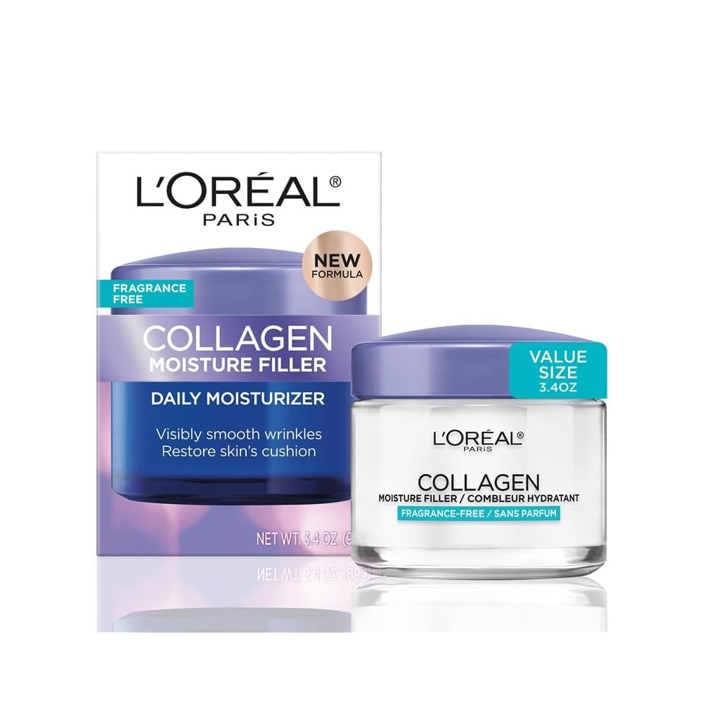 L\'Oreal Paris Collagen Moisture Filler Face Cream, Anti-Aging Face Moisturizer, Non-Greasy Fragrance Free Skin Care Formula For Up to 48HR Hydration, 3.4 Oz