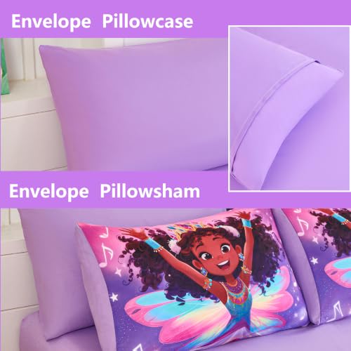 Image of Twin Comforter Set for Girls 5 Piece Black Girl Bedding Set for Girls, Super Soft Microfiber Bed Set African American Princess Bed in a Bag with Comforter & Purple Sheets Pillowcase & Sham