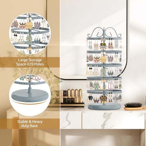 Image of MODOWEY Rotating Earring Holder Organizer Stand, 5 Tier Metal Tree Display for Women Vendors, 220 Holes Adjustable Jewelry rack for Stud Hoop Dangle Storage, Trendy Carousel Keeps Dresser Neat, Gray