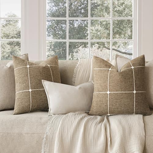 Image of Foindtower Pack of 2 Decorative Faux Linen Jacquard Check Throw Pillow Covers Farmhouse Cushion Cover with Grid Textured Accent Pillowcase for Couch Sofa Living Room Home Decor,22x22 Inch,Tan Khaki