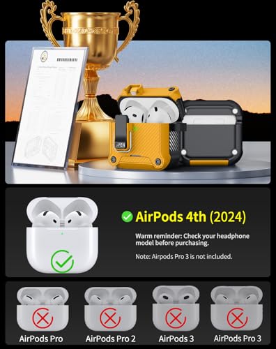 Image of Pohgelan for AirPods 4 Case with Safety Lock-Yellow | Carbon Fiber Texture Cover,Magnetic Automatic Lock with Cleaning Kit&Keychain,Compatible with Magsafe