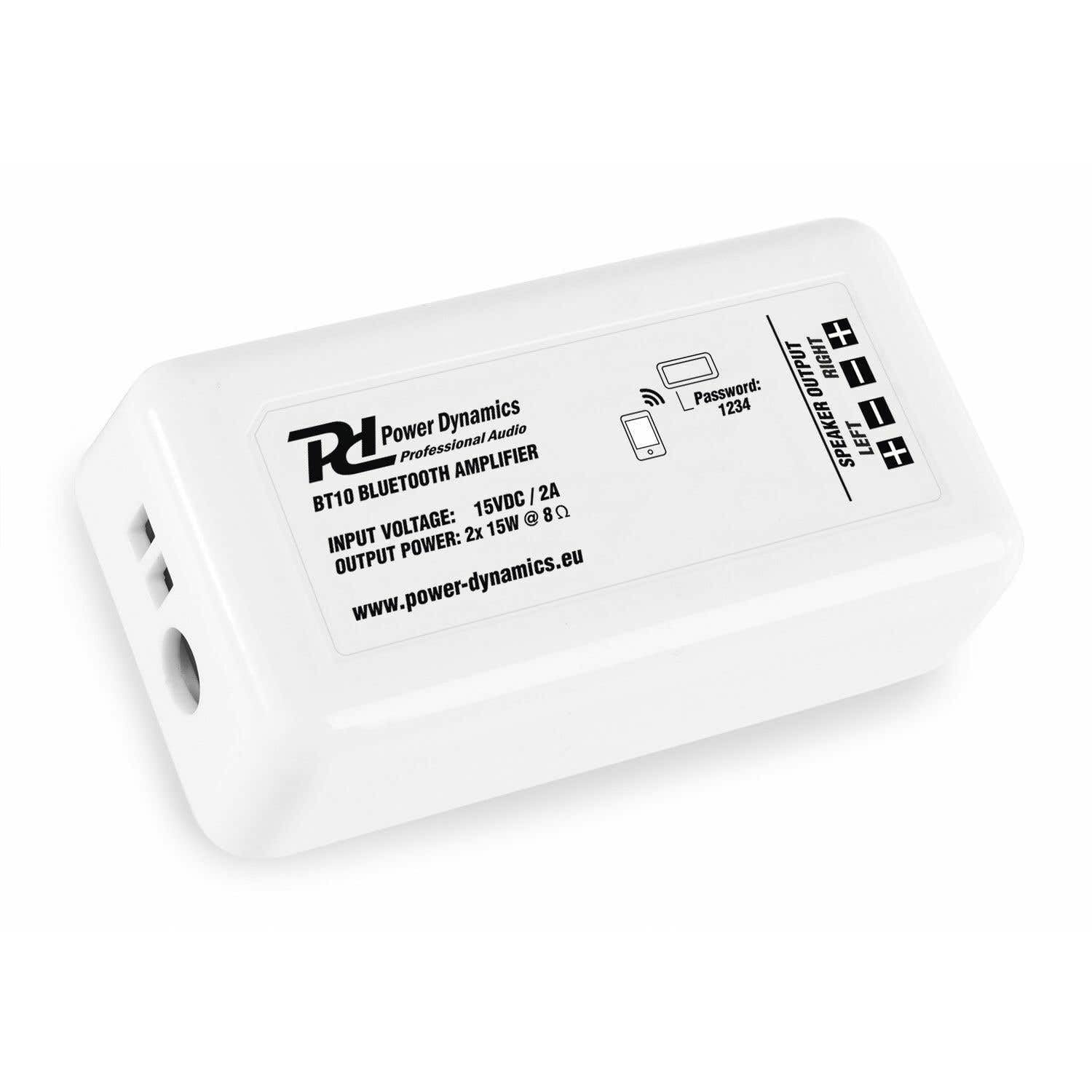 Power Dynamics - Pack de 2 Altavoces BGO30, 60W, 2 Vías, IPX5, Bass Reflex y Soportes | Amplificador BT10 con Bluetooth, 2x15W, Conexión Inalámbrica, Cable Incluidos, Ideal Interior y Exterior