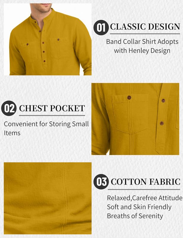 Image of ROYALSCOUT Men's Cotton Polyester Blend Kurta Style Shirt with Mandarin Collar, Half Button Placket, Dual Chest Pockets, Long Sleeve Casual Ethnic Fusion Wear for Office, Festive and Daily Use