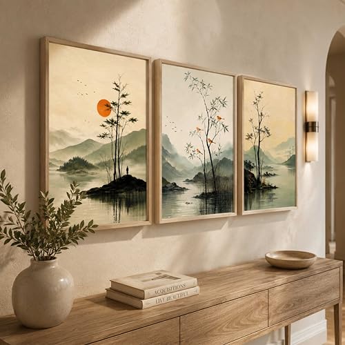 Image of Artify Serene Lake Mountain Landscape Wall Painting Set of 3 for Living Room Bedroom Hall Office Decor, Tree Bird Sunrise Nature Art, Premium Wooden Synthetic Frame