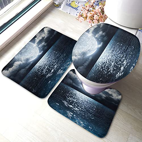 DIRYKILP Badematte + Konturmatte + Toilettendeckelbezug, Ozean und Mond 3 Stück Badematte Set, mit rutschfester Klebeunterseite