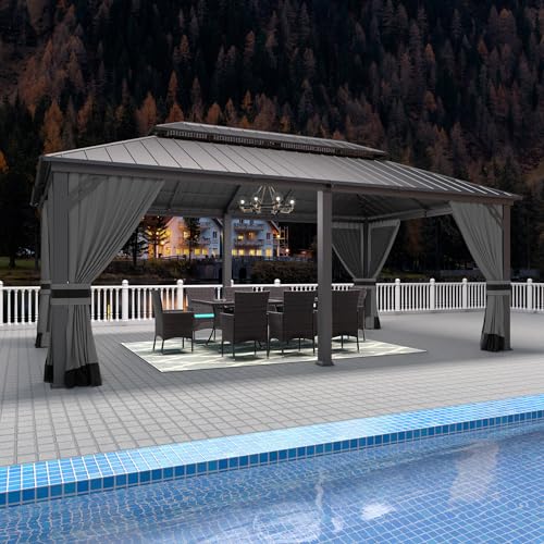 Gotland 2024 Grey 12' x 20' Iron Hardtop Gazebo with Curtains and Netting
