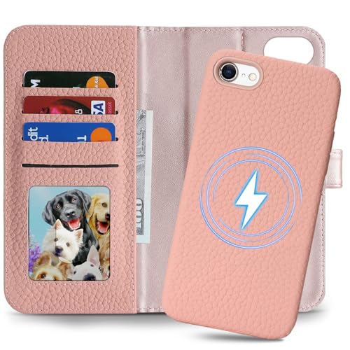 Image of Detachable Genuine Leather Case for iPhone SE 2020 / SE 2022 /7 /8 Wallet Case Magnetic 2in1 Removable Flip Cover Book Purse Compatible with Magsafe Charging Kickstand Card Holder-Pink