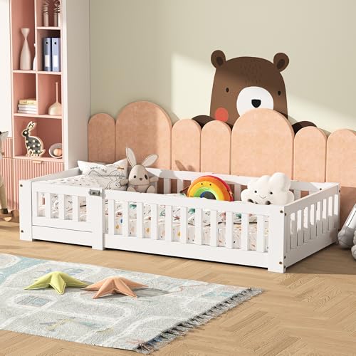 Cama infantil 90 x 190 con puerta y barrera de seguridad, cama en el suelo 90 x 190 con somier de láminas, marco de camas Montessori en el suelo de madera maciza pino, cama de suelo infantil madera