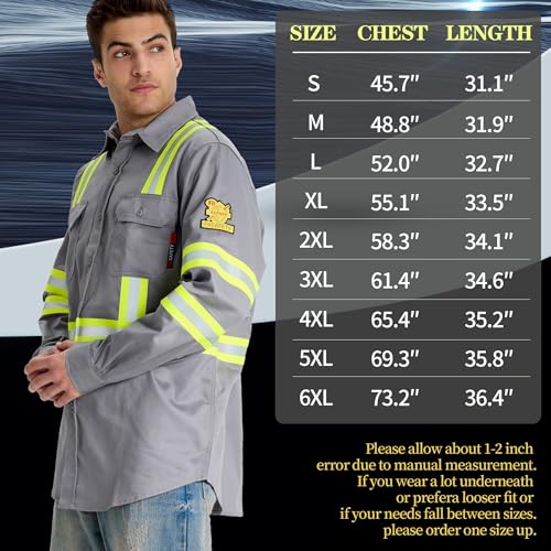 SRsafety Hi Vis FR Shirts for Men,7.0oz Long Sleeve FR Work Shirts,100% Cotton High Visibility Fire Shirt