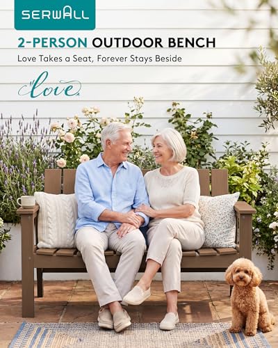 Image of SERWALL 2-Person HDPE All-Weather Outdoor Bench Set of 2, Brown