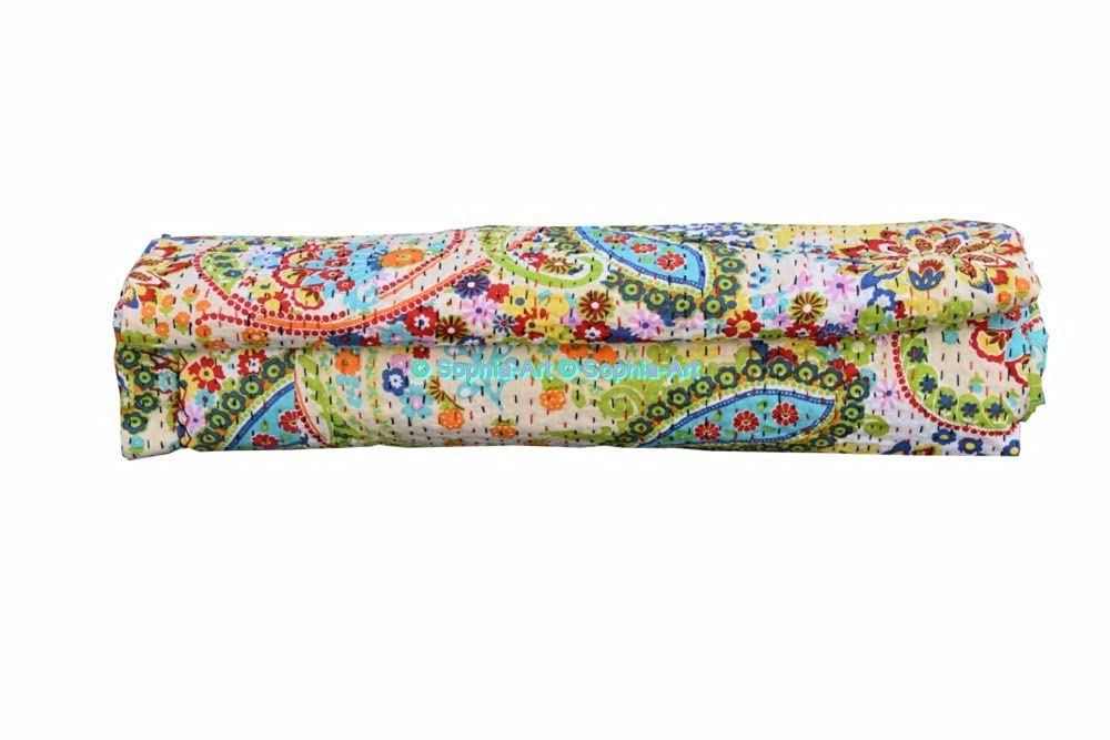 Couverture Kantha Indienne En Coton - Imprimé Paisley, King 90x108 Pouces, Réversible, Fait Main - 4