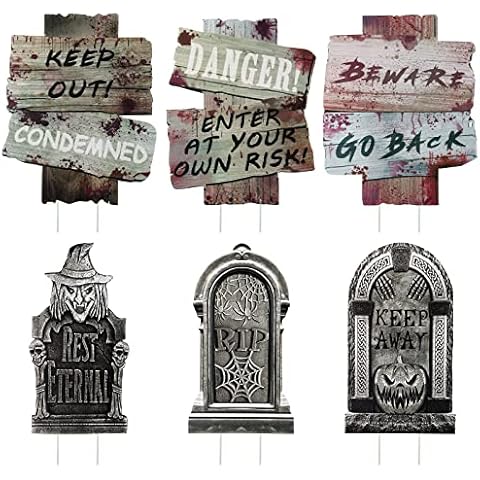 BOFUNX 3pcs Letreros de Señal de Advertencia para Halloween +3pcs de Lápida Sepulcral Cover