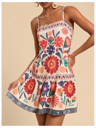 Women's Floral Boho Flowy Mini Cami Dress Ruffle Hem Spaghetti Strap Vacation Tank Dresses4