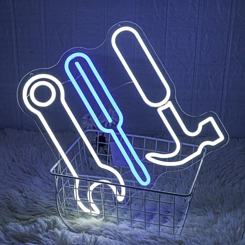 Image of Tool Set Neon Sign Garage Neon Sign for Wall Decor LED Neon Lights for Hardware Shop USB Dimmable Neon Sign for Man Cave Workshop Garages, or Shops 12.9x13.7 Inches