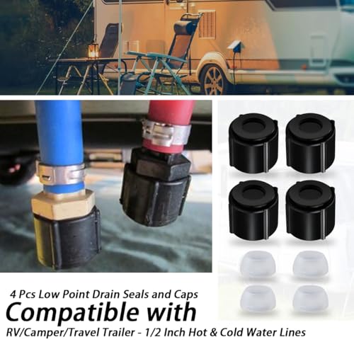 Image of 4Pcs Low Point Drain Seals and Caps Compatible with RV /Camper /Travel Trailer- 1 /2 Inch Hot & Cold Water Lines (4)