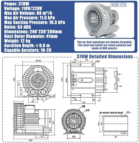 High-Pressure Regenerative Vortex Blower,Regenerative Blower Industrial Vacuum Pump Vortex Blower Air Pump for Blowing or Suction，（370w）