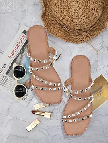 Jeimpoey Womens Stud Slides Sandals Square Open Toe Strappy Flat Slide-On Mules #TOP2