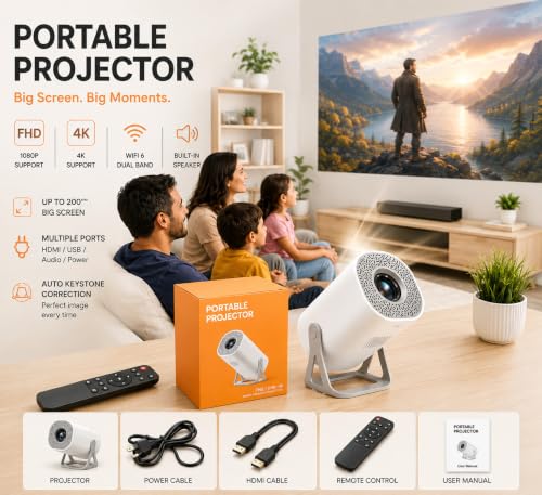 Image of Portable Smart LED Projector 4K Supported Full HD 1080P Android 14 WiFi 5G Bluetooth 5 0 Mini Projector for Home Movies Office Gaming Online Classes