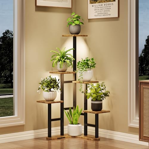 Yzosvki Corner Plant Stand Indoor with Grow Lights 6 Tiered Corner Plant Shelf Flower Stand for Multiple Plants Plant Shelves Organizer Rack for Living Room Balcony Patio Square Rustic Brown