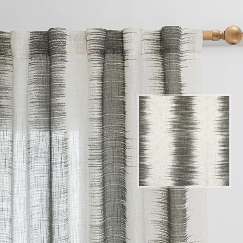 Image of MYSKY HOME Bedroom Curtains Linen Textured Sheer Panels, Curtains 63 Inch Length Light Filtering Lines Back Tab Semi Sheer Window Treatment Farmhouse Style Drapes for Bedroom, 50 inchx63 inch, Khaki, 2 PCs