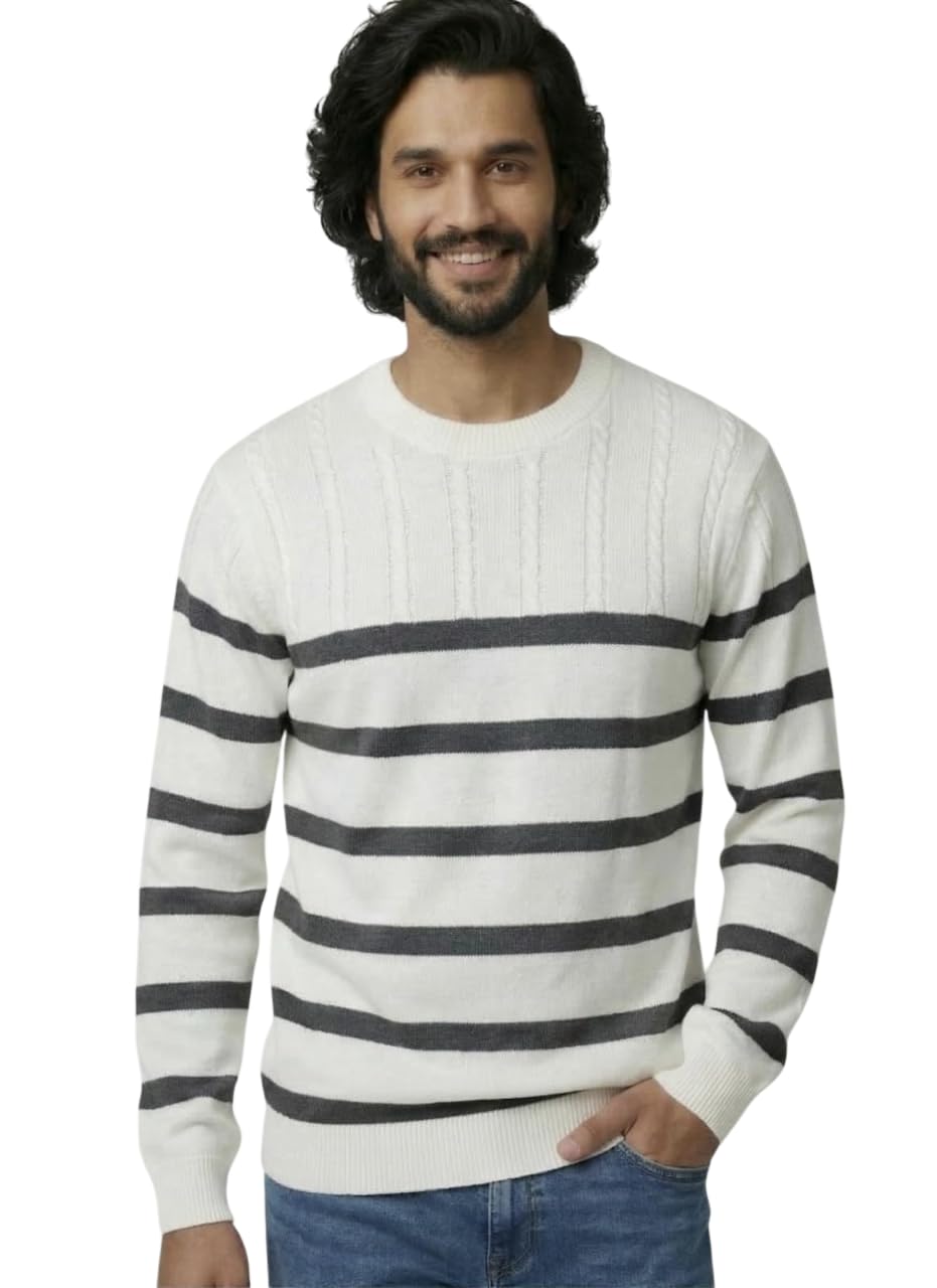 kalasar Men's Cable Knit Striped t Shirt, White and Grey, Cotton, Crew Neck, Long Sleeve-picture-22