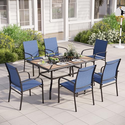 Image of MIXPATIO Outdoor Patio Dining Set 7 Piece Furniture Set with 6 Blue Textilene Chairs and Wood-Like Table Top Rectangular Table for Deck Garden Backyard Lawn Poolside