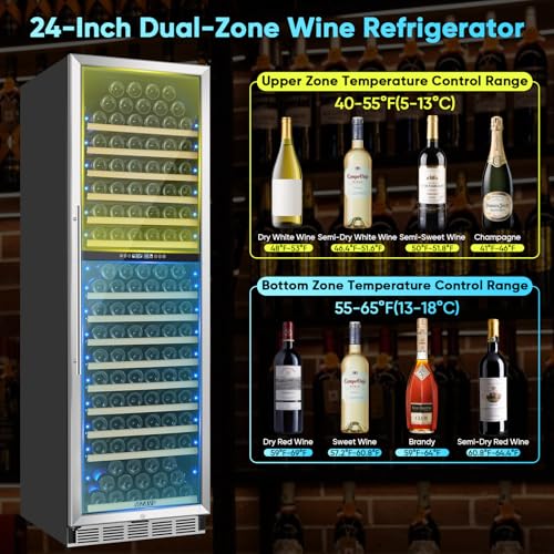 Image of 200 Bottle Wine Fridge Dual Zone, Wine Refrigerator 24 Inch Freestanding /Built-in, Large Wine Cooler Refrigerator with Advanced Temperature Control & Compressor Cooling, Quiet Operation - Silver