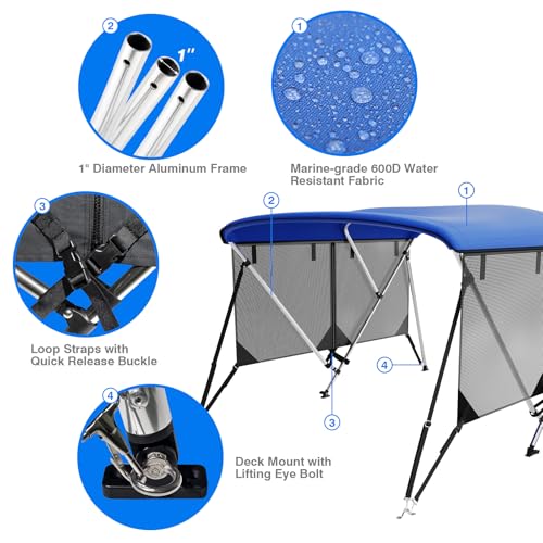 Image of Bimini Top for Boats Boat Canopy with Mesh Sidewalls (Blue, 3 Bow 67 inch-72 inchW)