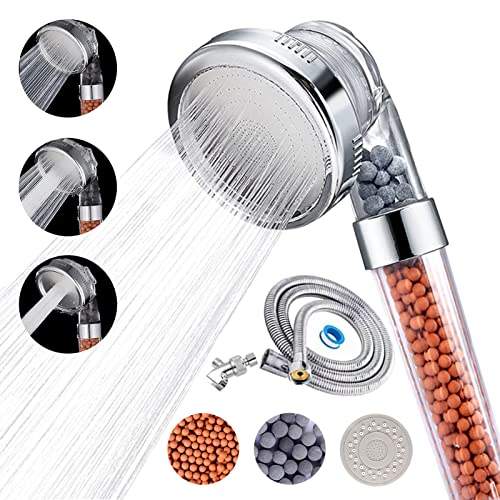 Wassersparender Duschkopf, Handbrause mit Öko Ionen Filter Mineralsteinen und 3 Strahlarten, Wassersparende und Druckerhöhende Duschbrause mit Schlauch 2M und zusätzlichen Steinen Cover