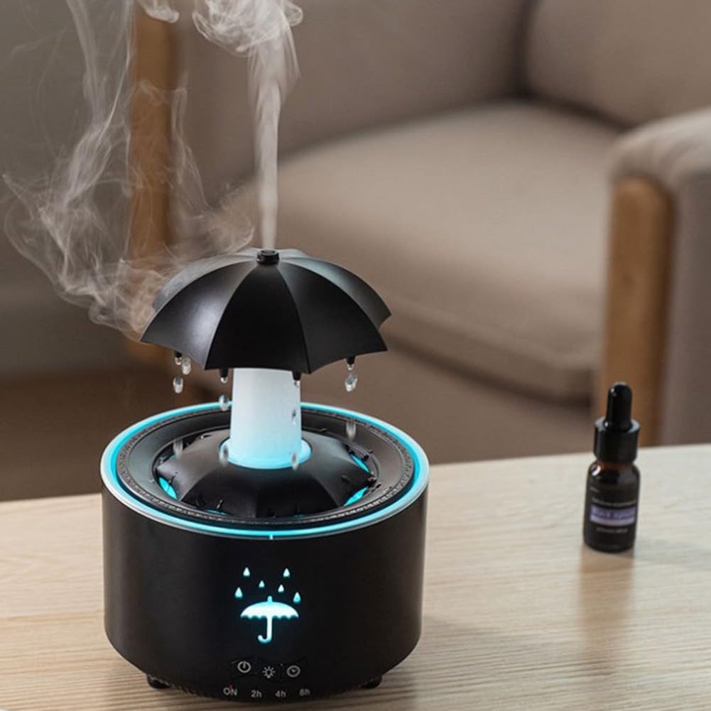 Minhe Diffusore per aromaterapia a LED a 7 colori con rotazione automatica, suoni della pioggia, impostazioni del timer e spegnimento automatico, doppio uso come umidificatore e diffusore di oli
