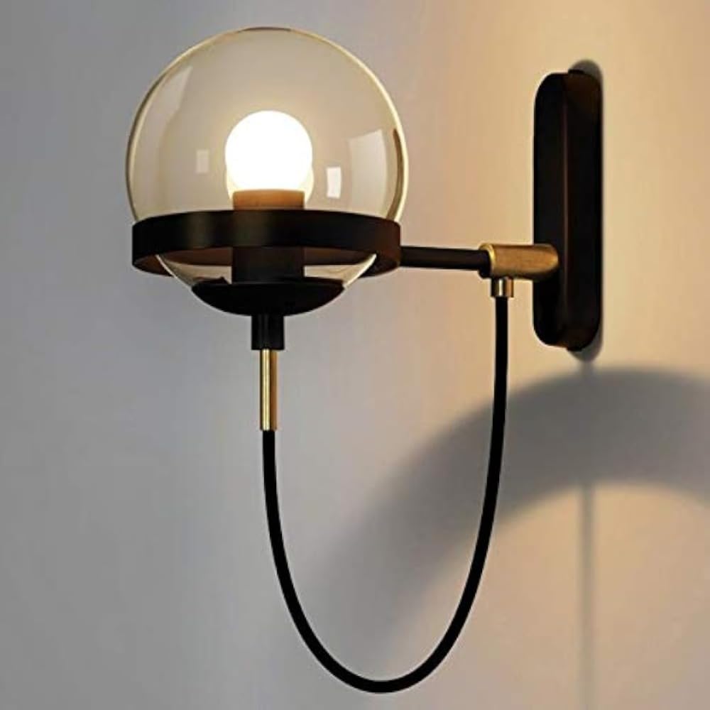 HYJAUSXB Industrial Vintage Wall Light | Cognac Glass Globe Lamp Edison Sconce Hanging Mounted Lighting Fixutres for Loft Coffee Bar Hallway Bedside Dining Room Base E27 (Black)