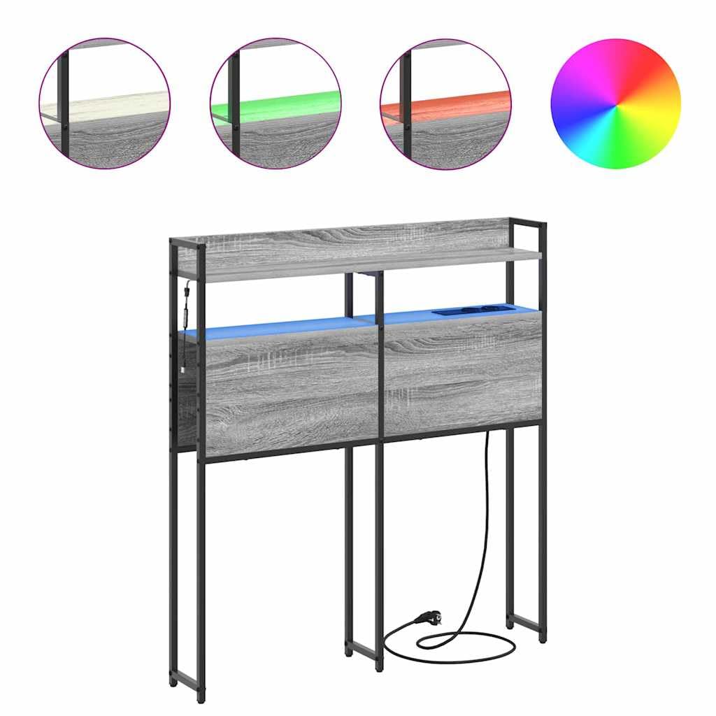 Espacio de almacenamiento cabecero cama gris Sonoma 100 cm de ancho de madera con LED y enchufe múltiple diseño moderno para jóvenes y adultos dormitorio