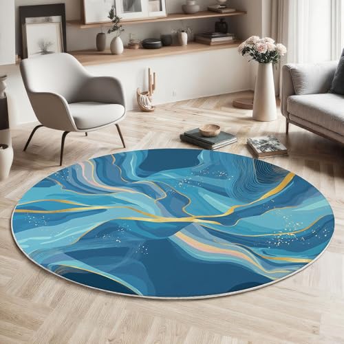 Tapis rond motif abstrait en marbre bleu avec rayures dorées