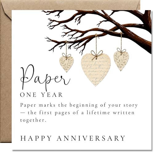 AIKOBAA 1st Wedding Anniversary Card Paper Anniversary for Husband Wife or Couple One Year Married Branch with Three Hearts Paper Marks the Beginning of Your Story 14x14cm 300gsm with Kraft En