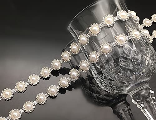 FQTANJU 1 Yard Rhinestone Trim, Crystal Rhinestone Chain with Elegant Ivory Pearl Rhinestone Applique Embellishment for DIY Decoration Clothes Shoes Bag or Bridal Sash Belt Headpiece